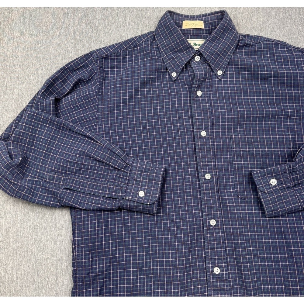 LL Bean Shirt Plaid Button Down Shirt Long Sleeve Mens 15 33 Medium Vtg USA Blue